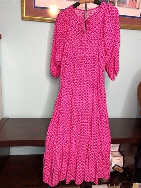 Bright Pink Patterned Maxi Dress with Puff Sleeves